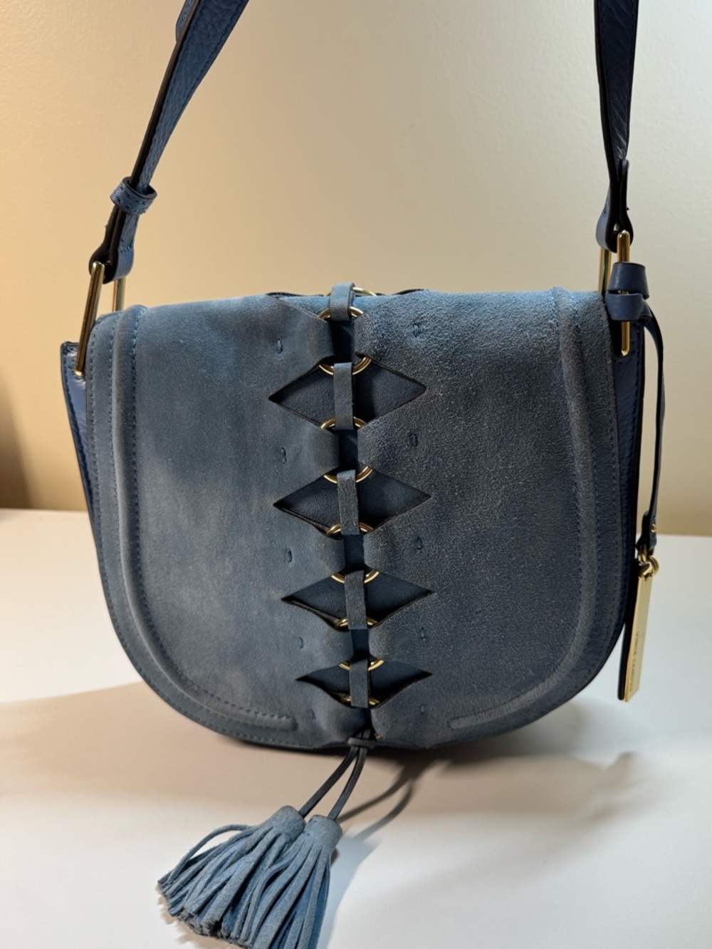 Vince Camuto Ancel Flap Crossbody Suede and Leather - Blue Haven - Picture 5 of 13